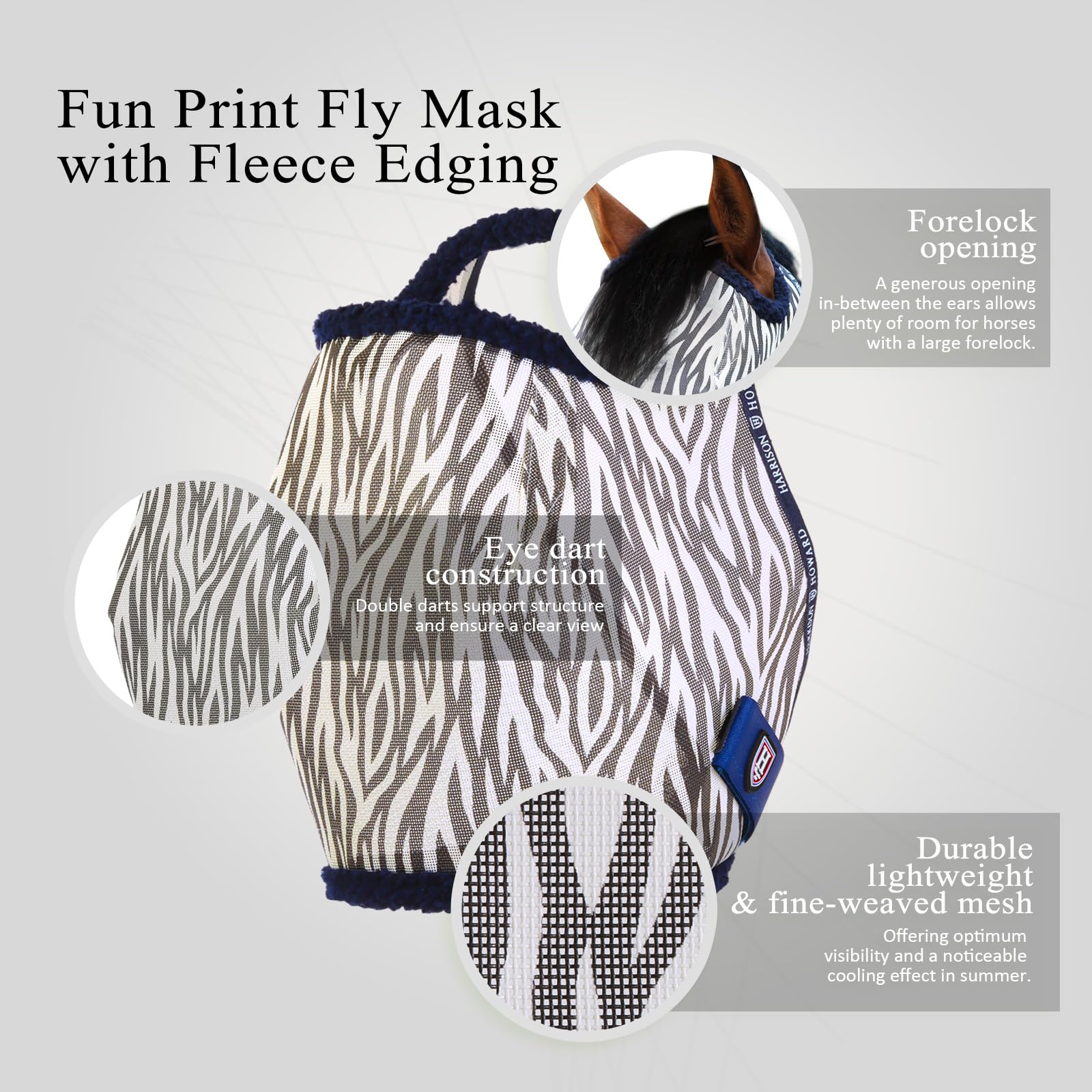 Harrison Howard All Round Mesh Horse Fly Mask UV Protective with Fleece Padded Edging and Fun Prints Forelock Opening Design Mas